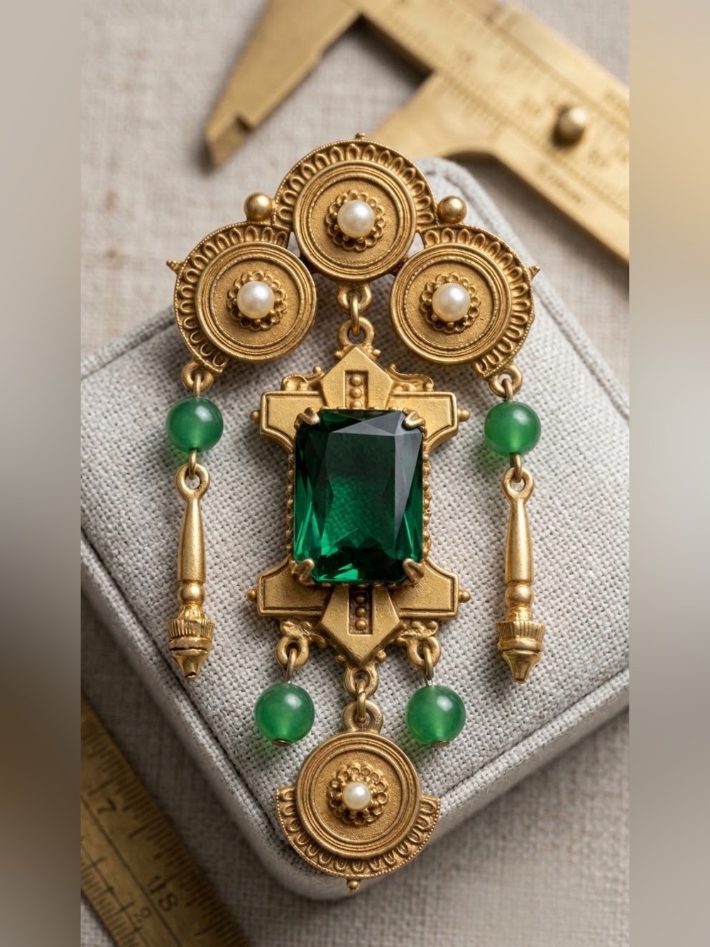Vintage FLORENZA Victorian Revival Emerald Glass  Pearl Dangle Brooch Pin 3”